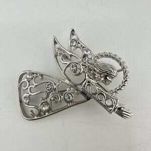 2” Silver Tone Filigree Halo Angel White Clear Rhinestones Signed 2012 FL Brooch